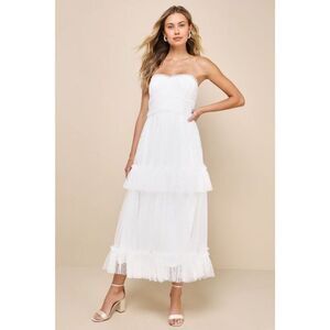 Lulus Womens Delightful Bliss White Mesh Swiss Dot Strapless Midi Dress Small